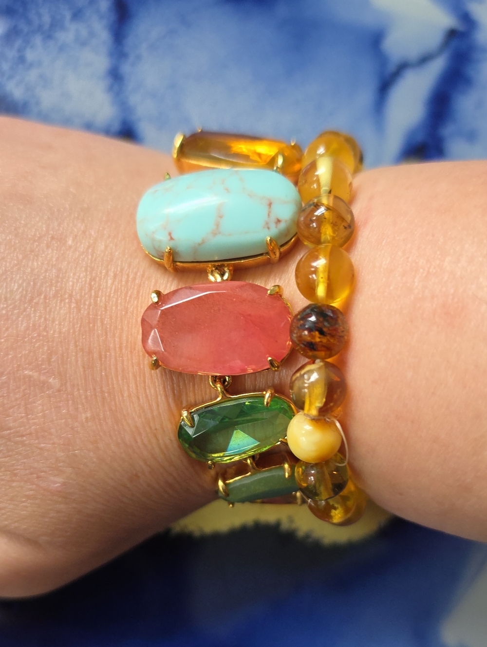 BCBG Multicolor Gemstone Link Bracelet - Turquoise, Pink, Green, Blue, Amber